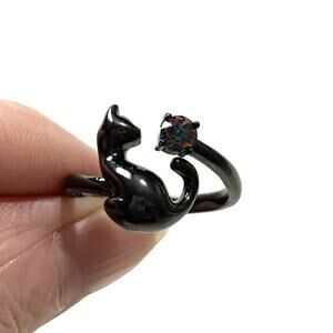 Black Enamel Kitty Cat Open Ring w/ Black Rhinestone Accent~Size 8.5 Whimsigoth